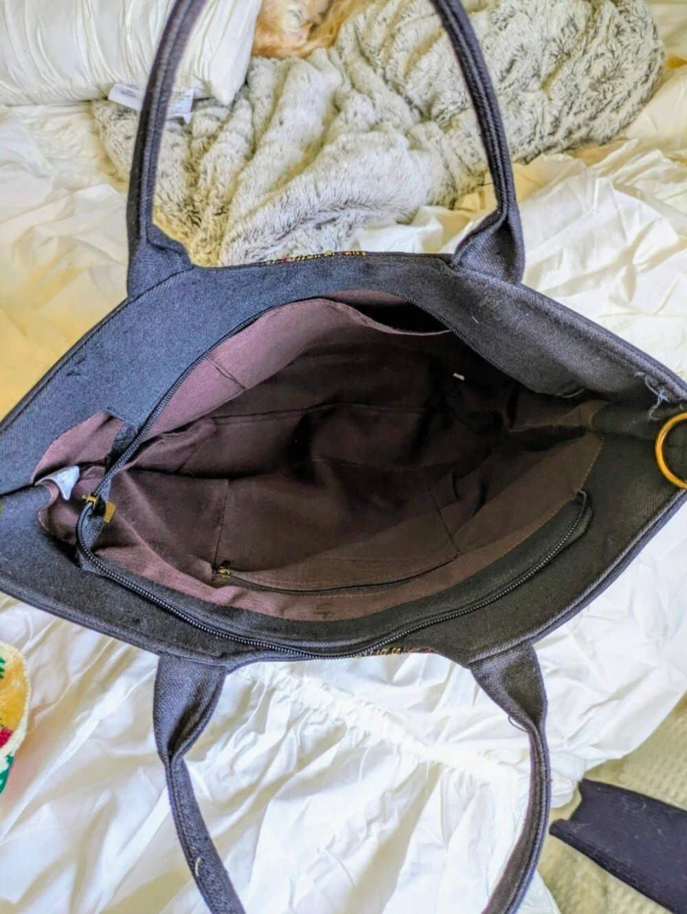 Black Embroidered Peacock Tote Bag